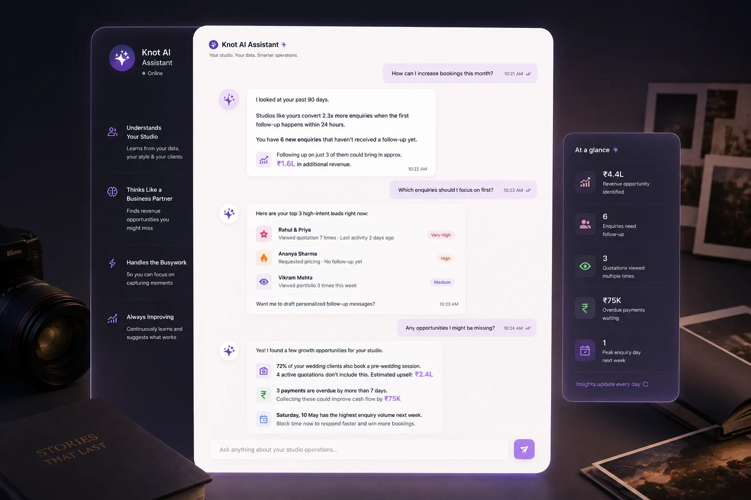 Concept art of an AI assistant guiding photographers through studio operations.