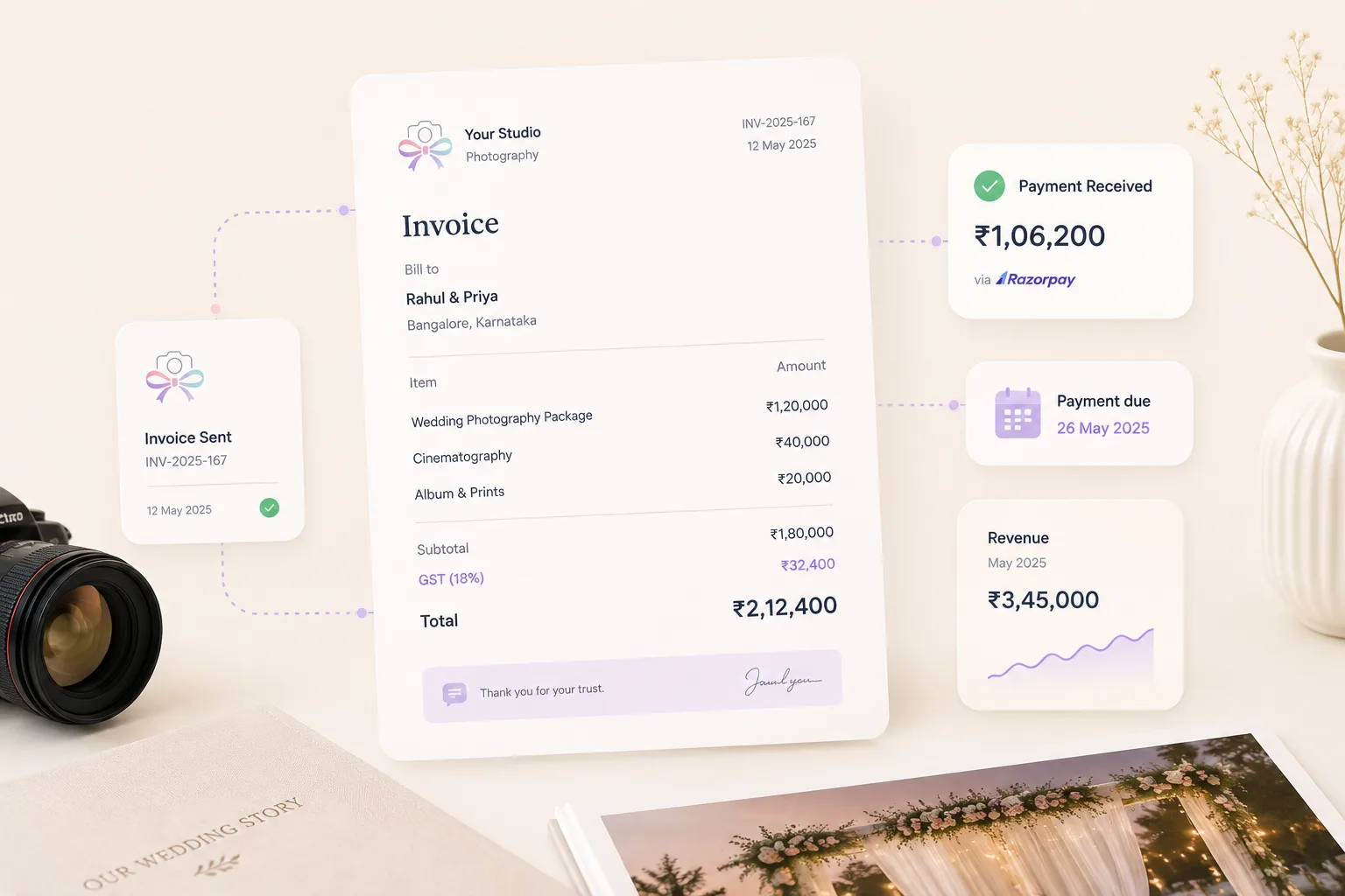 Illustrated payment and invoicing dashboard for creative studios.