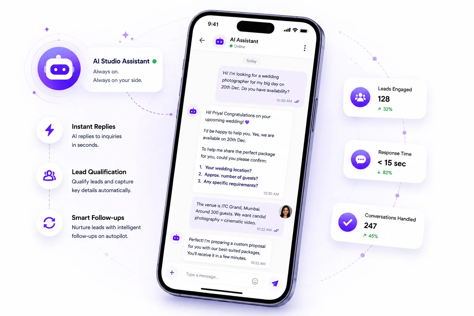 Knot Folio AI assistant summarizing lead intent, pending follow-ups, and suggested replies